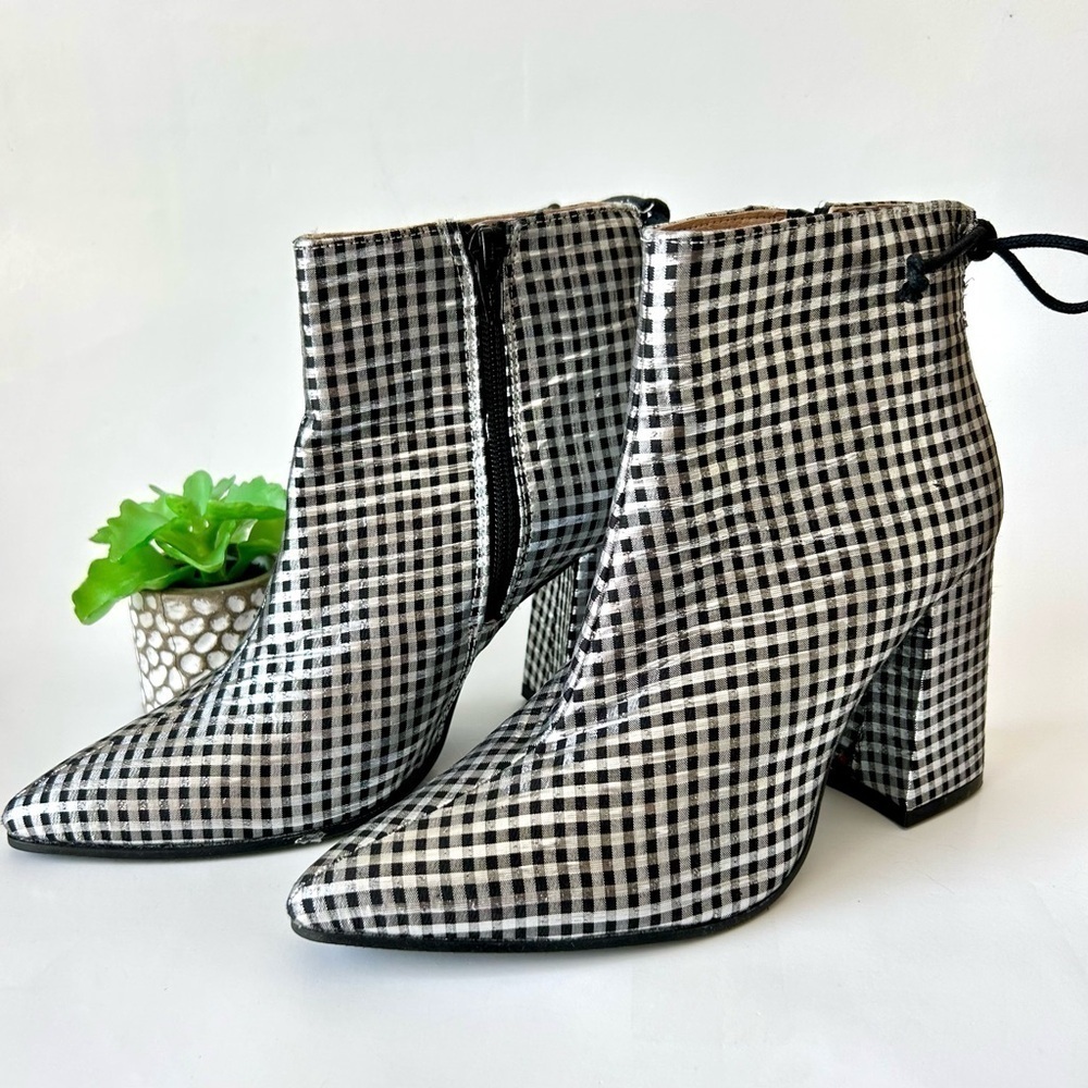 Anthropologie Metallic Check Pointed Toe Ankle Boot Silver Black Block Heel 36 - Picture 4 of 11
